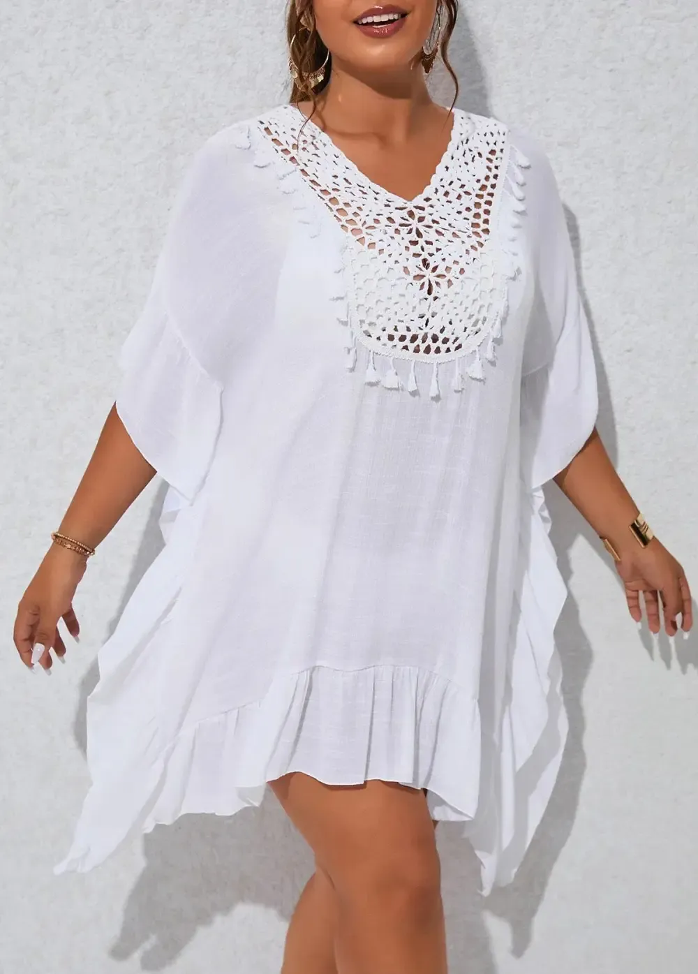 Plus Size Tassel Patchwork White Cover Up