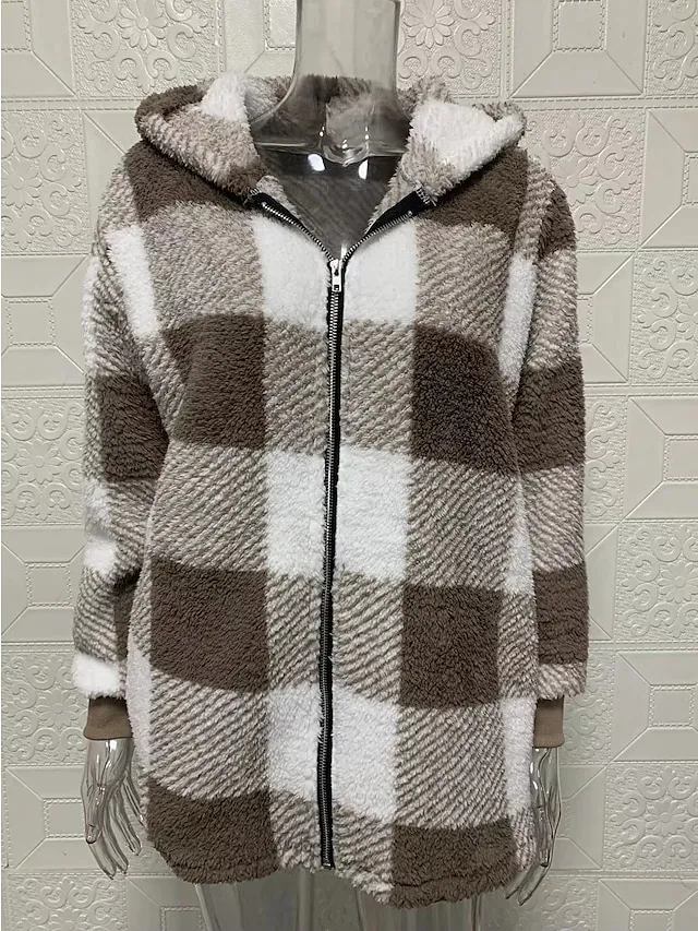 Women's Fleece Jacket Fleece Basic Pocket Zip Up Black Light Green Red Plaid Street Casual Hoodie Long Sleeve Top Micro-elastic Fall & Winter