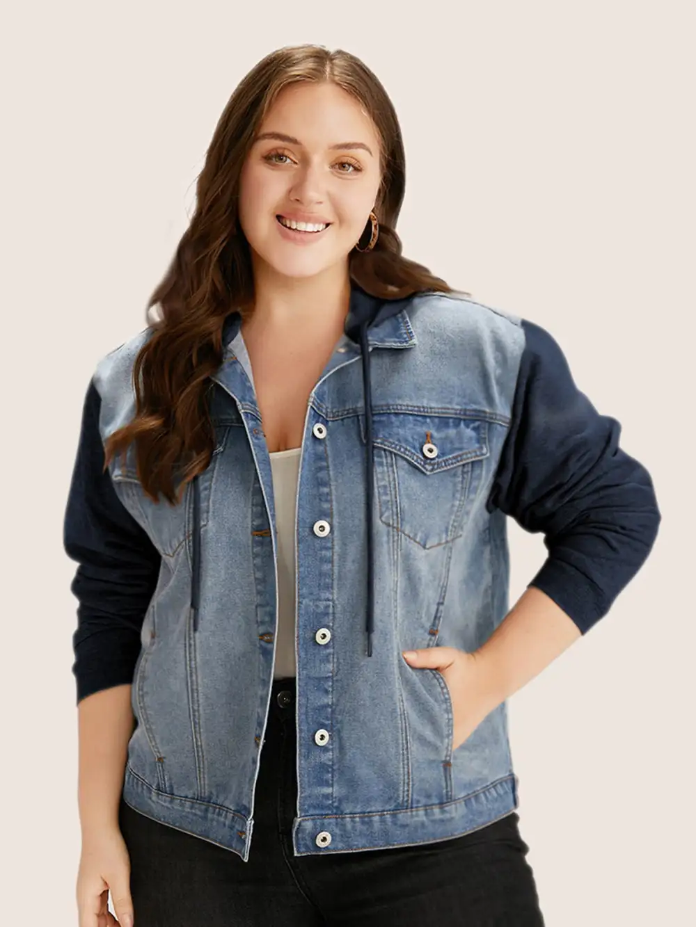 Hooded Patchwork Flap Pocket Denim Jacket