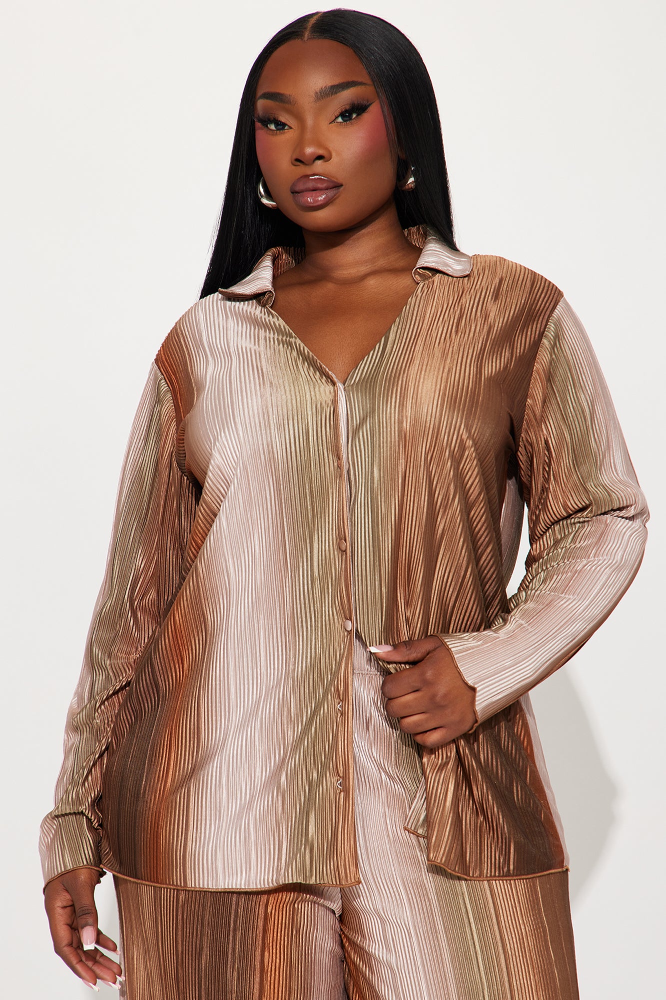 Isabel Shimmer Plisse Pant Set - Brown/combo