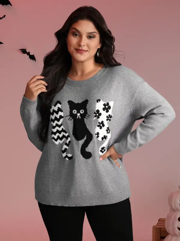 Spooky Cats Jacquard Pattern Pullover