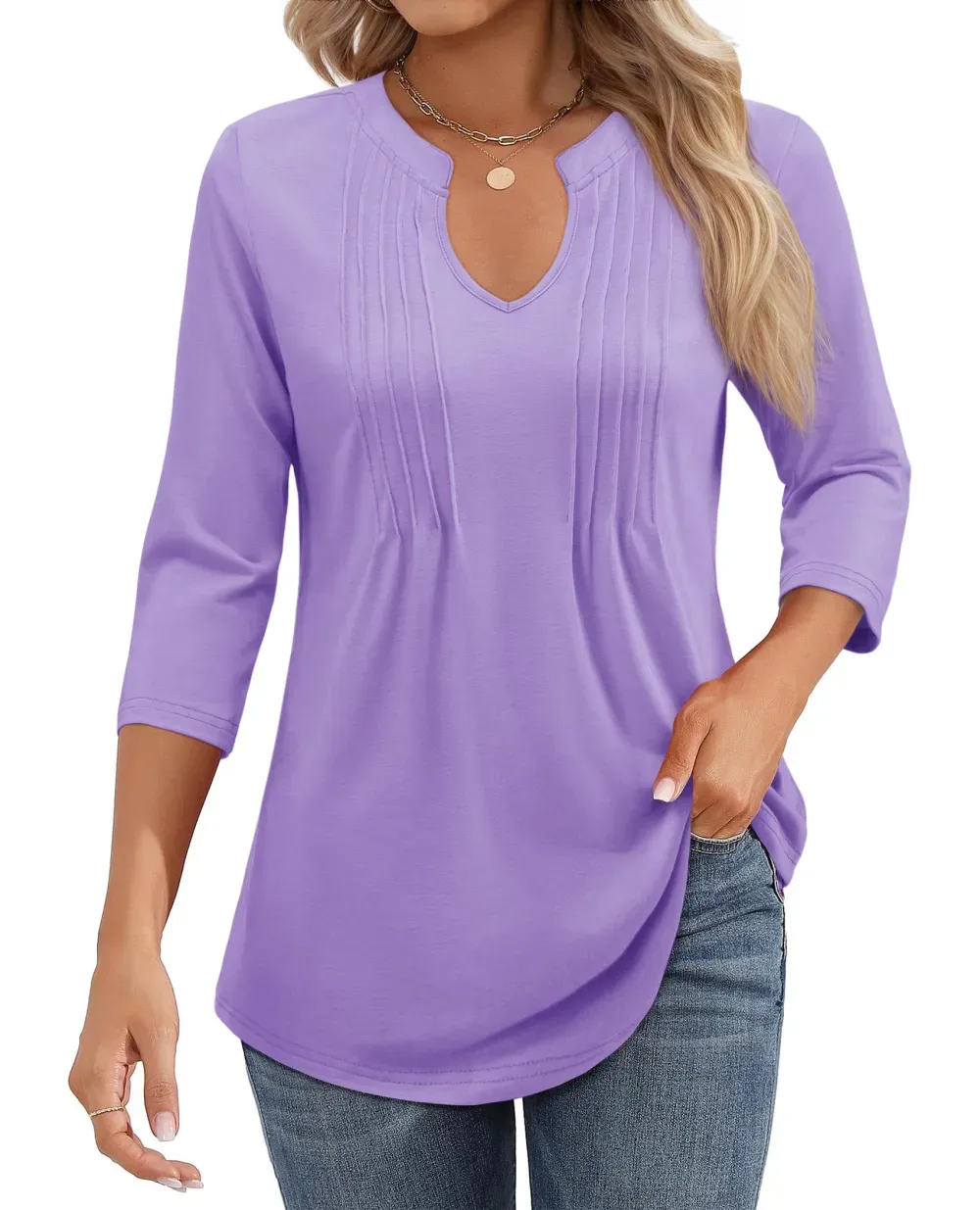✨Womens Casual 3/4 Sleeve Pleated Tunic Blouse