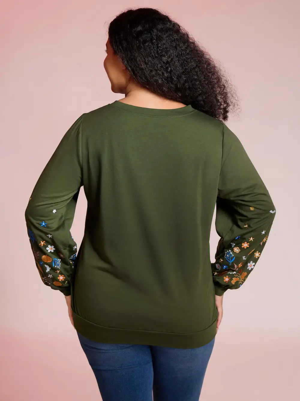 Floral Embroidery Textured Solid Sweatshirt