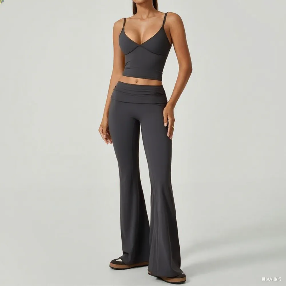 Women's 2-Piece Deep V Crop Cami & Flared Pants Set: Back Hollow-Out, Butt-Lifting, for Yoga/Gym, Athletic Activewear
