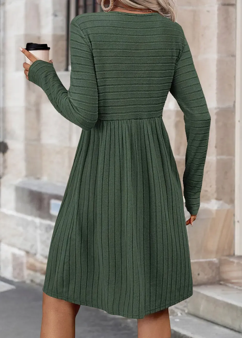 Sage Green Tummy Coverage Long Sleeve Round Neck Dress