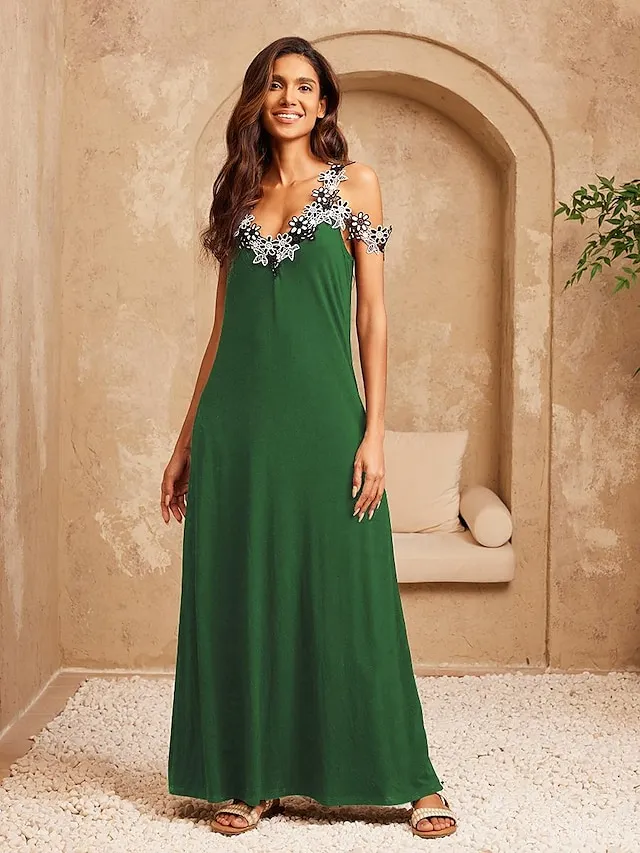 Women's Black Dress Modal A Line Midi Dress Lace Patchwork Strap Cold Shoulder Contrast Sleeveless Daily Vacation Summer Spring