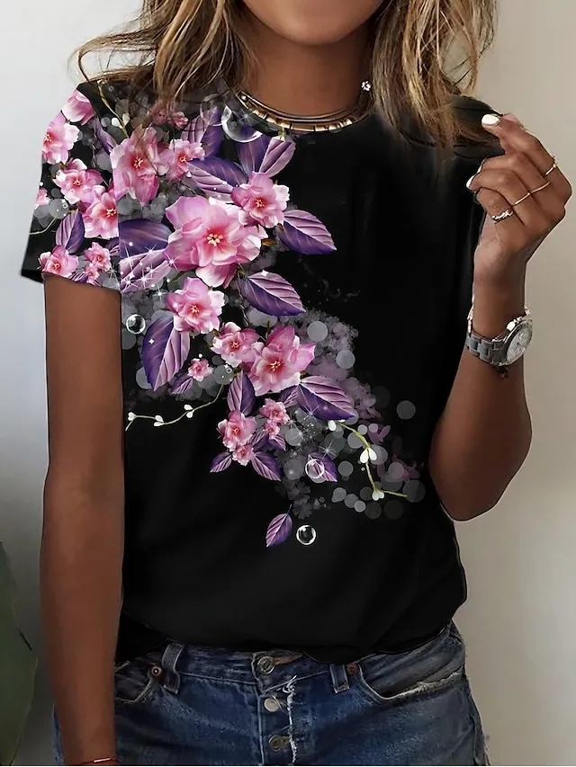 Women's T shirt Tee Yellow Pink Blue Floral Print Short Sleeve Holiday Weekend Basic Round Neck Regular Fit Floral Painting