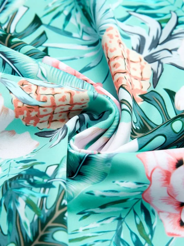 Vacation Floral Printing Scoop Neck Swimdress Two-Piece Set