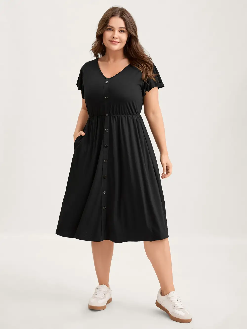 Supersoft Button Detail Deep V-Neck Midi Dress