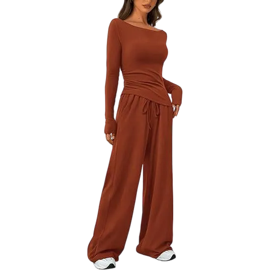 Women's 2-Piece Lounge Set – Asymmetrical Long Sleeve Top & Wide-Leg Pants, Casual Minimalist Tracksuit