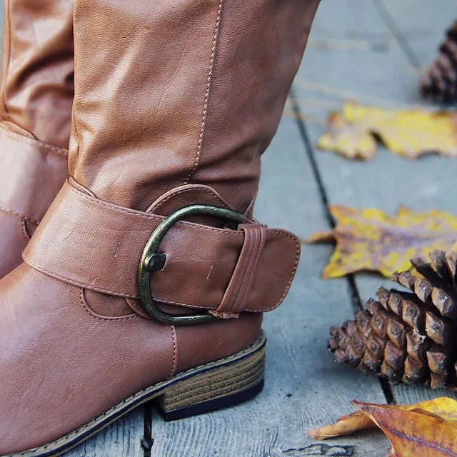 （Clearance Sale 👏）Women's Green Faux Leather Slouchy Western Boots with Buckle Detail - Knee-High Cowboy Style Boots for Casual and Boho Chic Outfits
