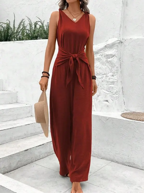 Women's Tie Shoulder V-Neck Jumpsuit – Sleeveless Casual Summer Romper, Solid Color One-Piece Outfit