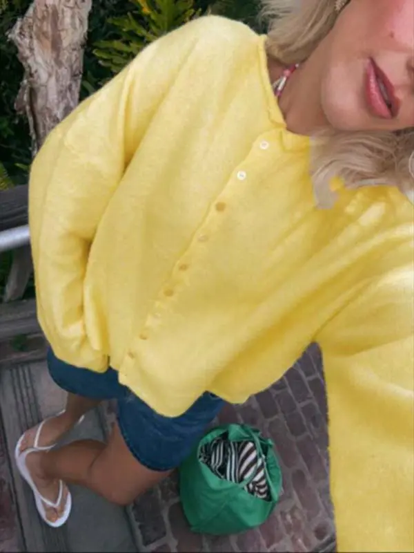 Women’s Vintage Knit Cardigan – Rolled Hem Solid Color Sweater Jacket for Autumn & Winter