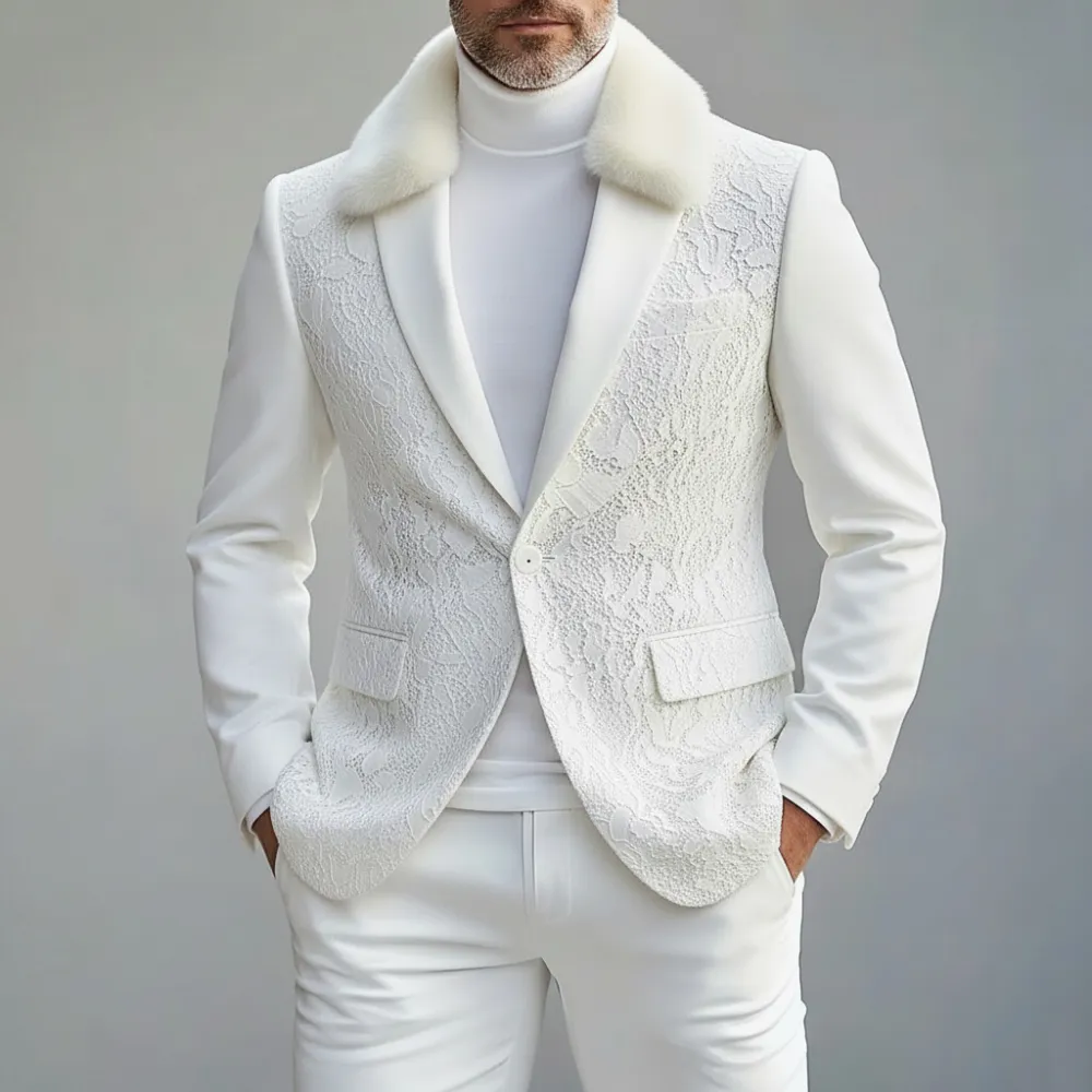 Men's White Lace Furry Collar Lapel One Button Long Sleeve Blazer
