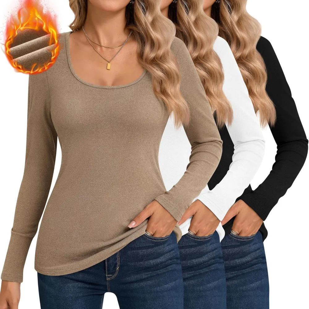 3 Pack Women's Thermal Long Sleeve Shirts Fleece Lined Scoop Neck Stretch Fitted Tops Winter Base Layer Underwear