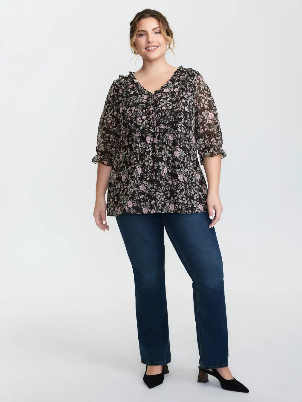 Chiffon Floral Print Ruffled Neck Flowy Shirt