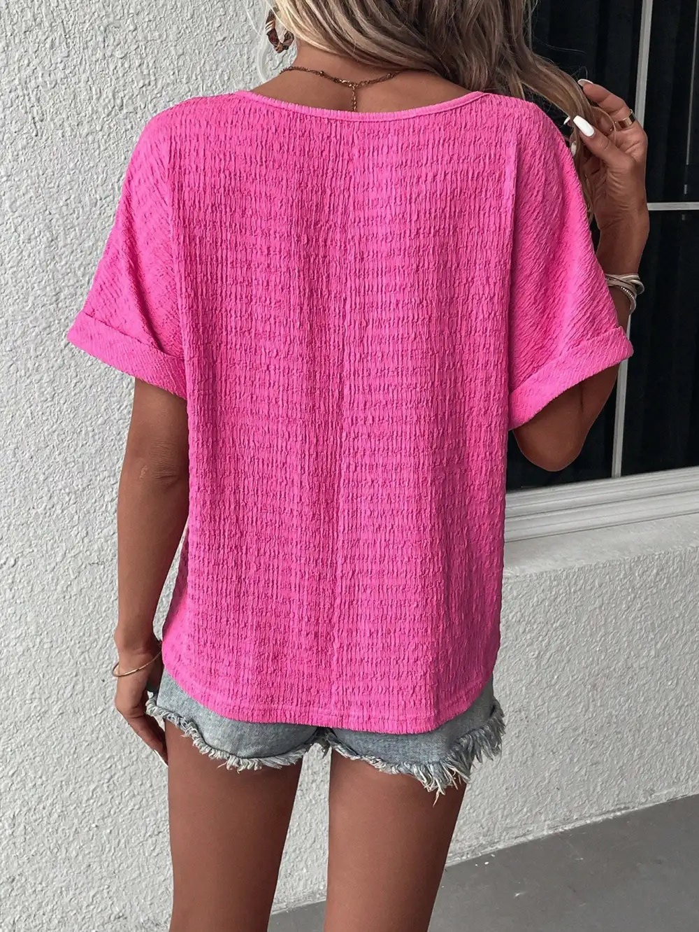 Solid Batwing Sleeve V Neck Blouse