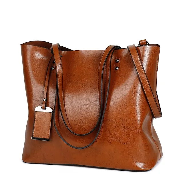 Women's Tote Shoulder Bag Tote PU Leather Shopping Daily Office & Career Rivet Solid Color Black Red Wine Brown