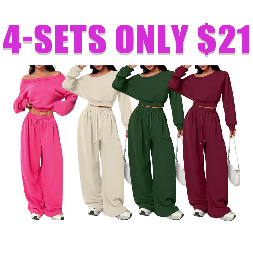 Women's Solid One-Shoulder Hoodie Set: Loose Knit, Long Sleeve Short Top