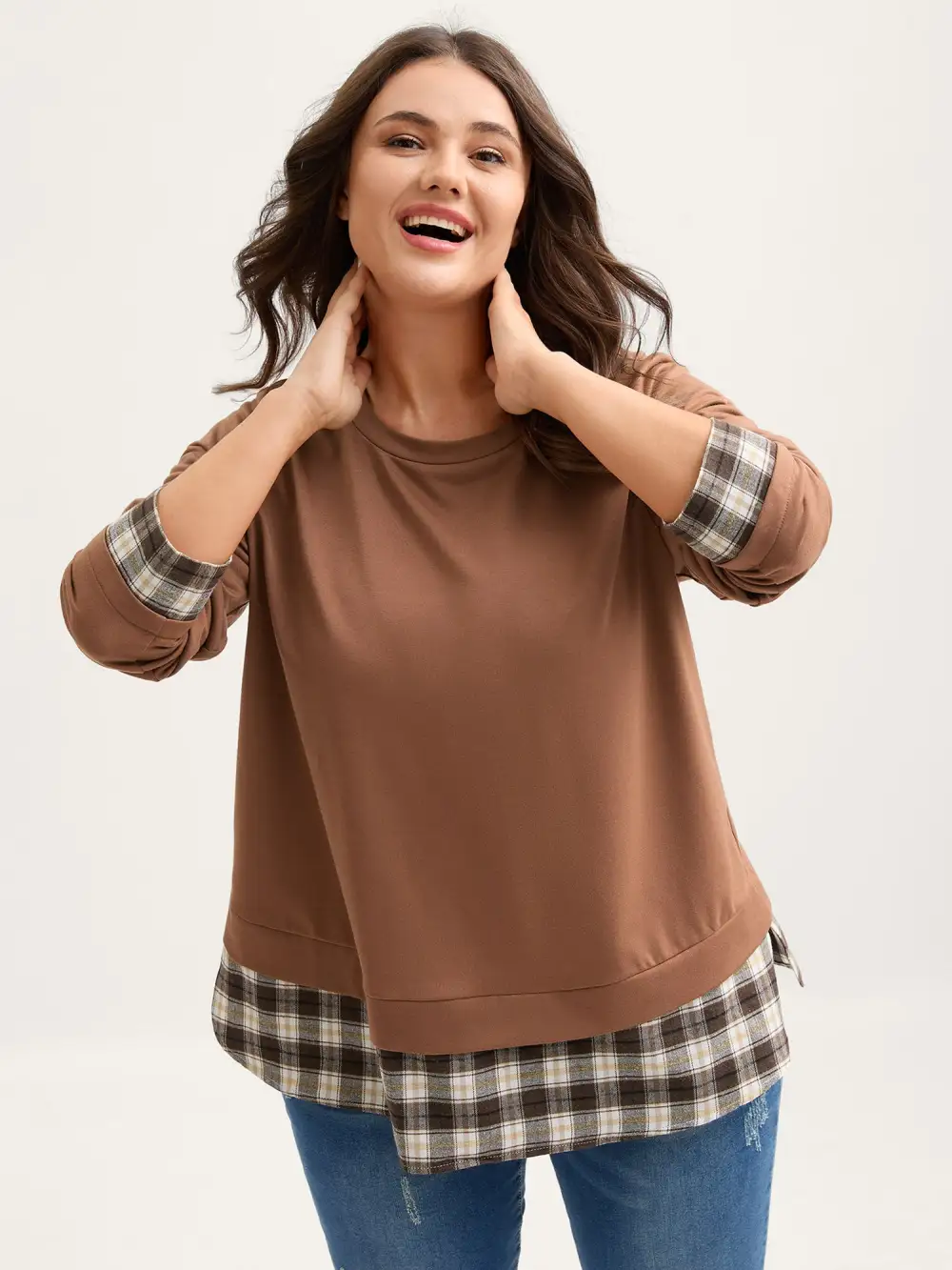 Plaid Color Contrast Spliced Sweatshirt