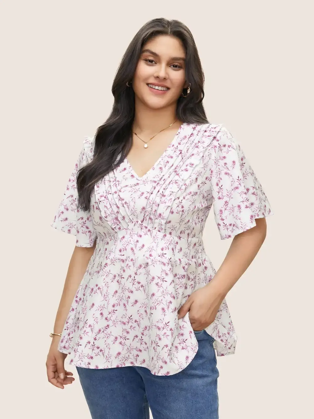 Floral Pleated Elastic Waist Ruffle Sleeve Blouse