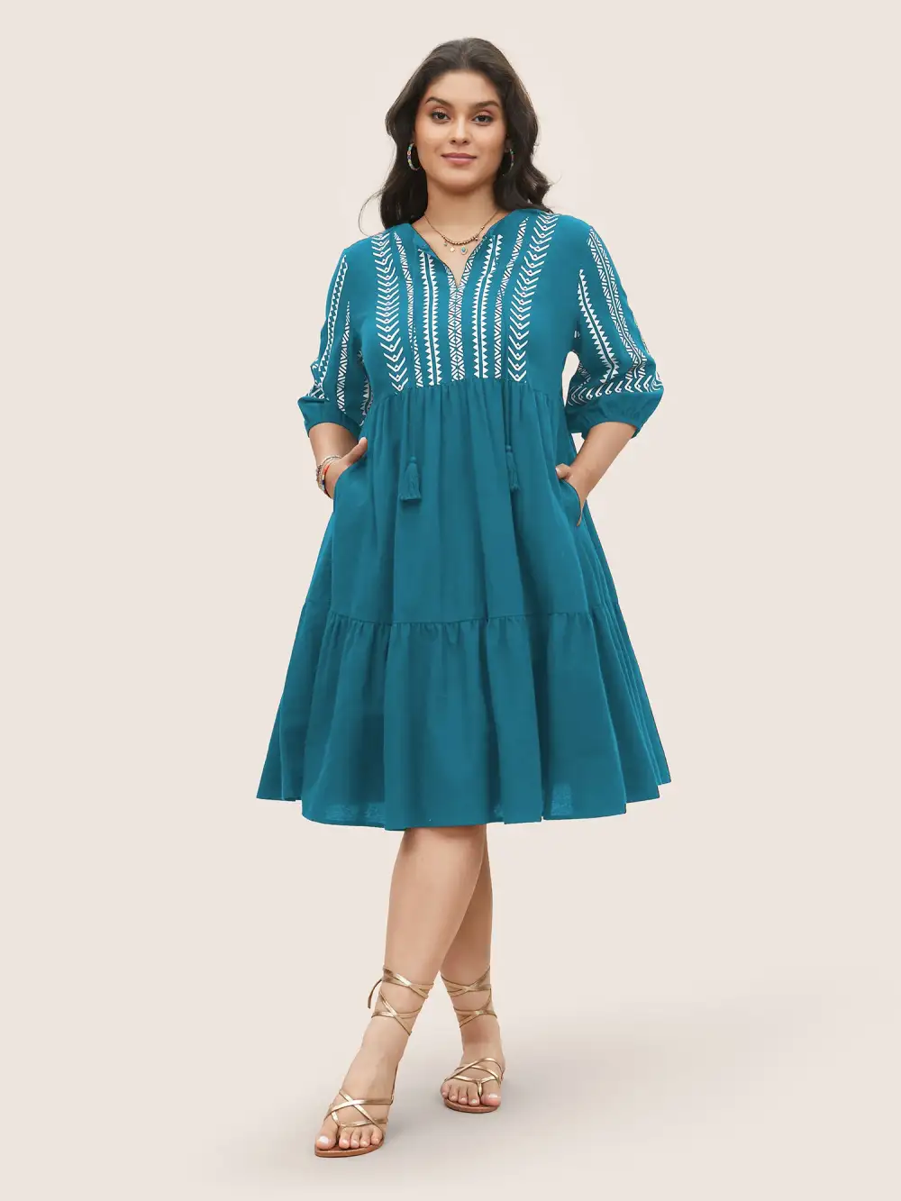 Cotton Geometric Bandana Print Tassel Trim Dress