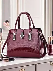 Women's Burgundy Patent Faux Leather Handbag - Croc Embossed Structured Tote Bag with Top Handle and Shoulder Strap, Perfect for Mother's Day Gift, Office, Business and Formal Occasions