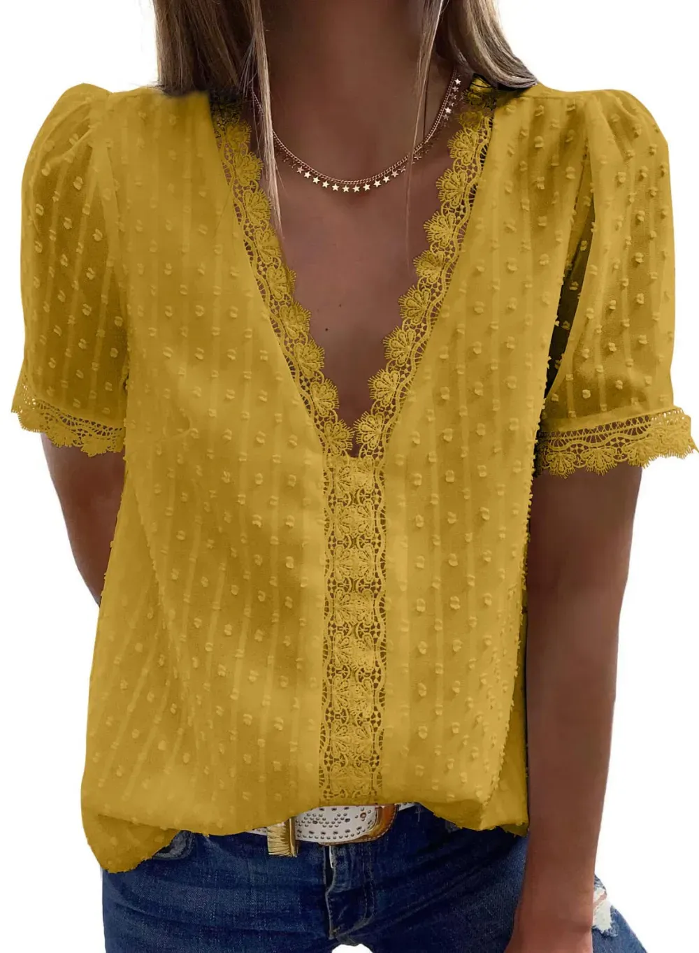 ✨Hot Sale-Women's V Neck Lace Crochet Tunic Tops Flowy Casual Shirts