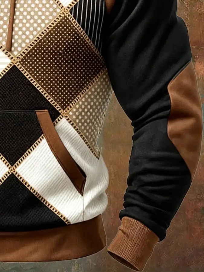 Men's Retro Distressed Color Block Print Casual Long Sleeve Sweatshirt