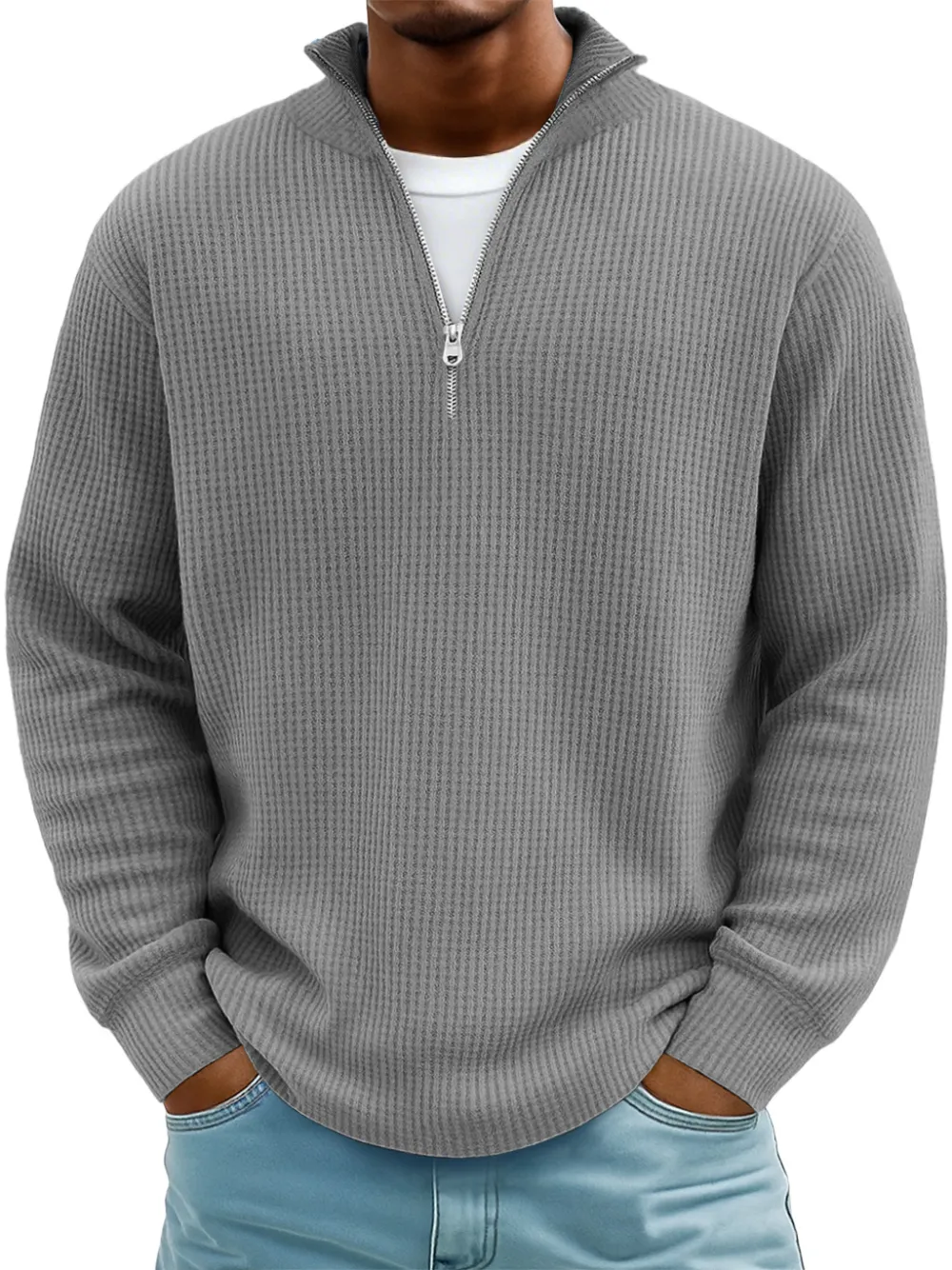Men's Casual Simple Breathable Fabric Stand Collar Zipper Long Sleeve T-shirt