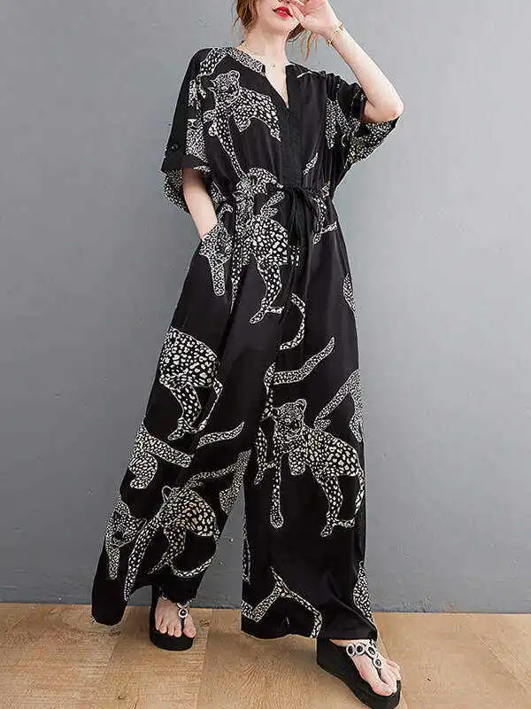Vintage Original Floral Leopard Printed Split-Joint Tied V-Neck Half Sleeves Wide Leg Jumpsuits