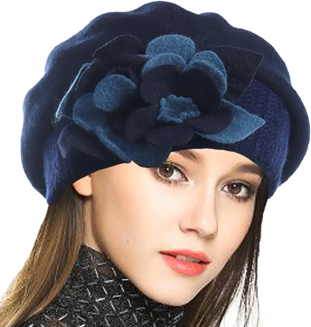 Lady French Beret 100% Wool Beret Floral Dress Beanie Winter Hat