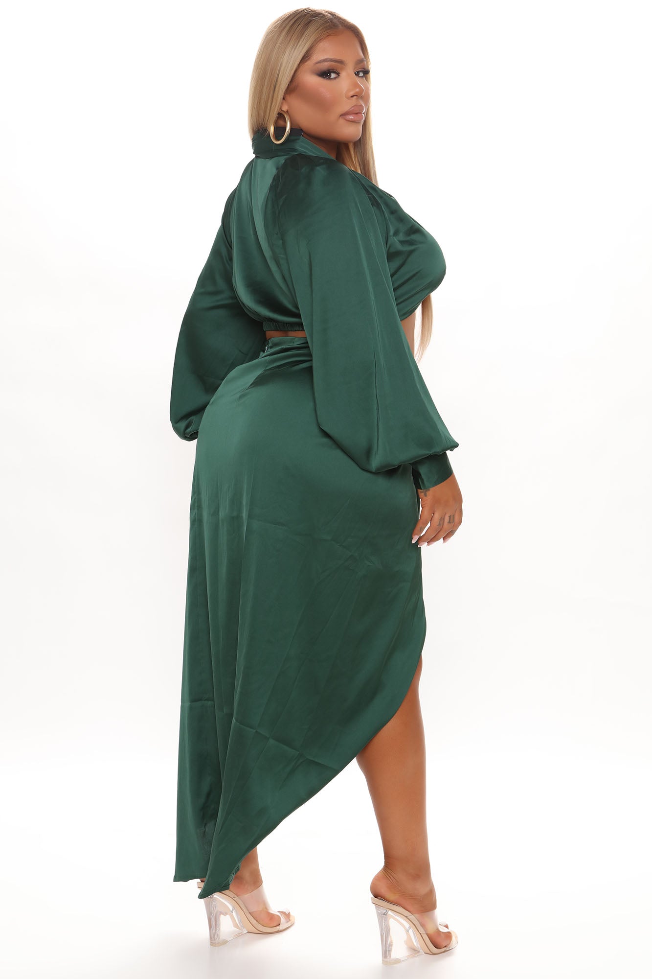 Love Again Satin Skirt Set - Emerald