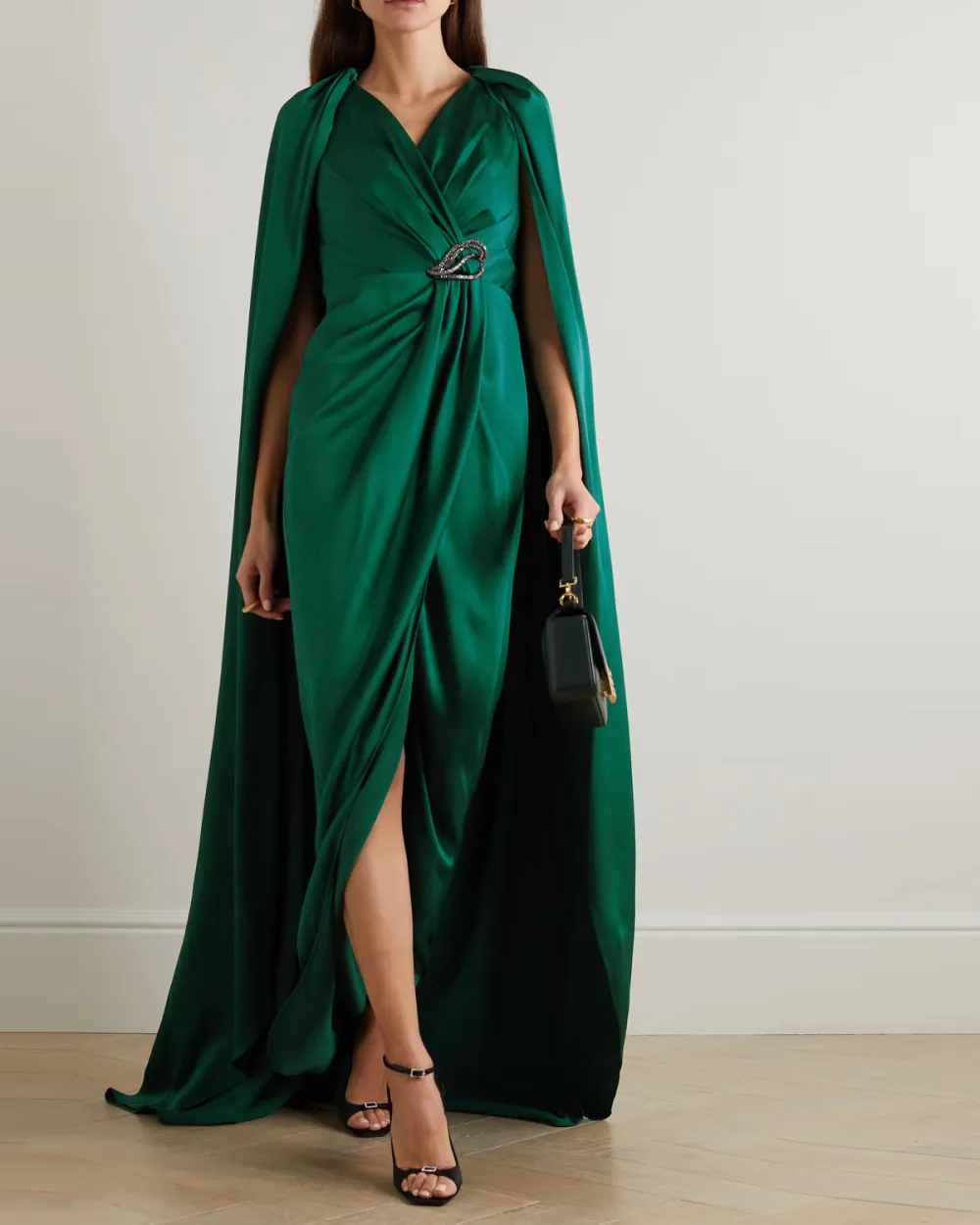 Irene cape-effect crystal-embellished satin gown