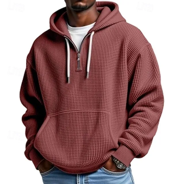 Men's Hoodie Waffle Hoodies Quarter Zip Hoodie Apricot White Light Green Army Green Red Hooded Plain Kangaroo Pocket Textured Sports & Outdoor Casual Daily Streetwear Cool Sportswear Fall Spring