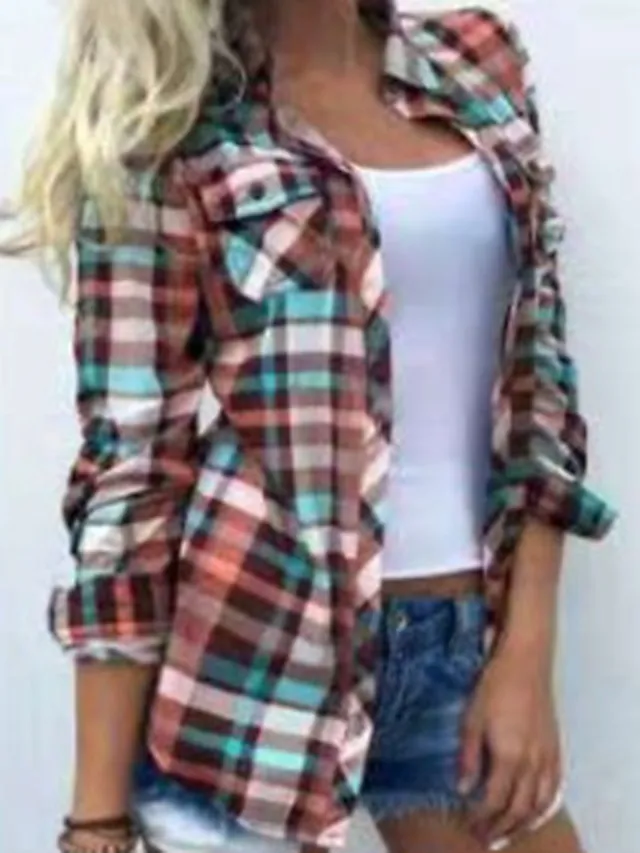 (Fall Clearance Sale🔥）Women's Shirt Blouse Shacket Plaid Color Block Button Print Long Sleeve Daily Weekend Streetwear Casual Shirt Collar Regular