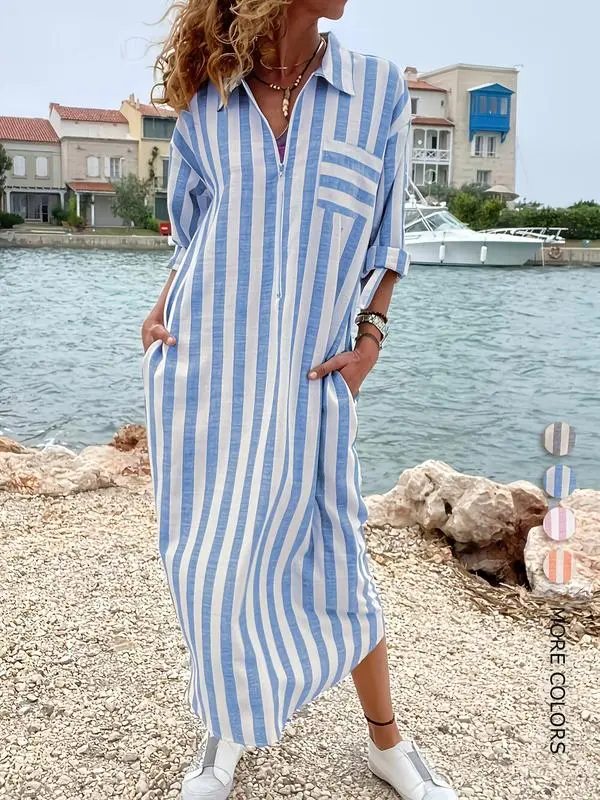 Women's Striped Button-Front Shirt Dress – Elegant Collared Dress for Spring & Fall, Casual & Classy Daily Wear, Perfect for Beach Holidays