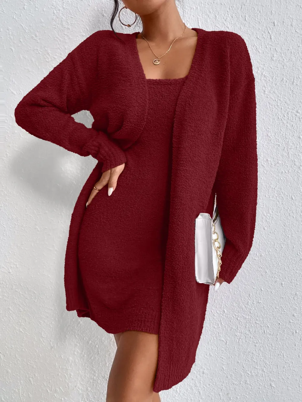Solid Cami Sweater Dress & Drop Shoulder Cardigan