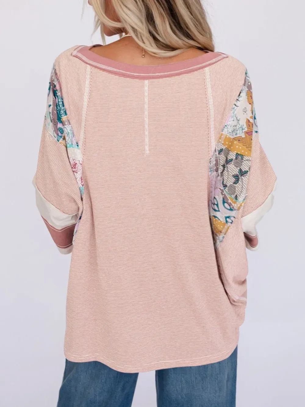 ✨Women's Casual Striped Floral Print Patchwork Oversized 3/4 Sleeve Top