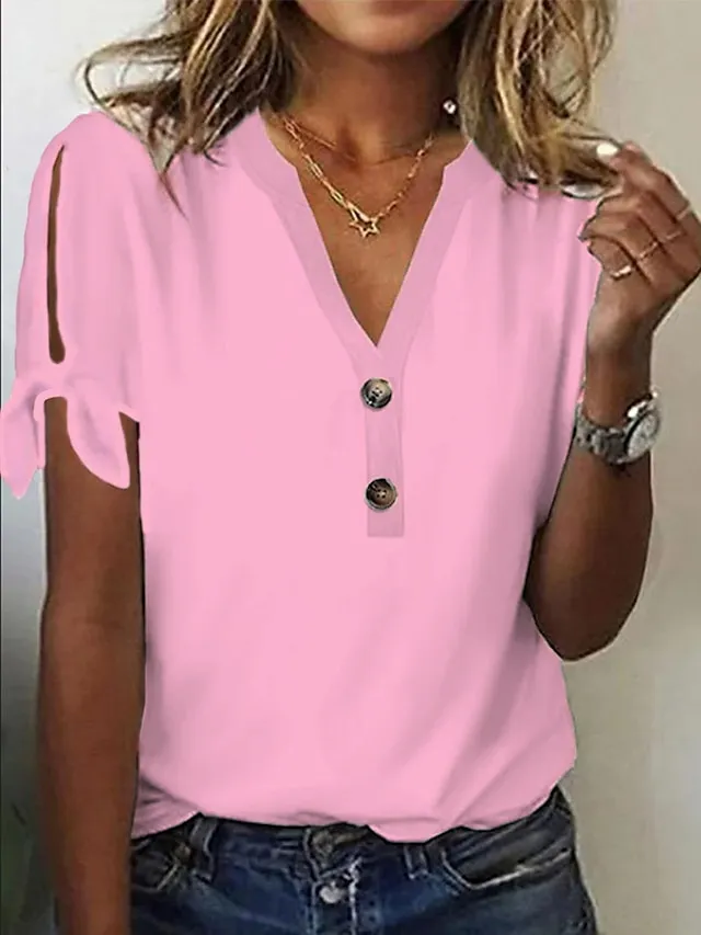 Women's T shirt Tee Modal Plain Casual Daily White Pink Blue Button Cut Out Short Sleeve Fashion Basic V Neck Regular Fit Summer Spring