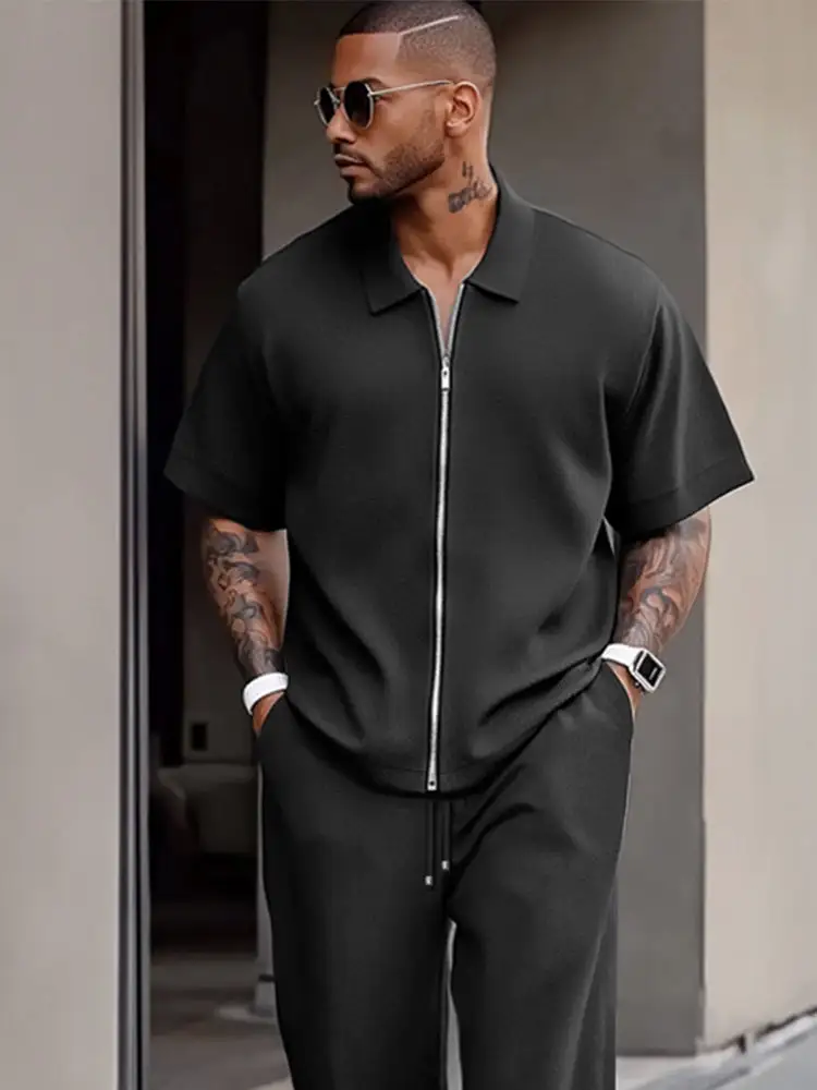 Simple Refined Zipper Design Shirt Set