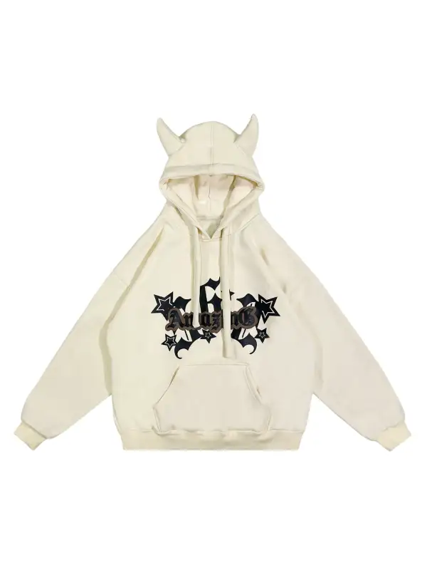 Letter Print Velvet Hooded Sweatshirt - 1879