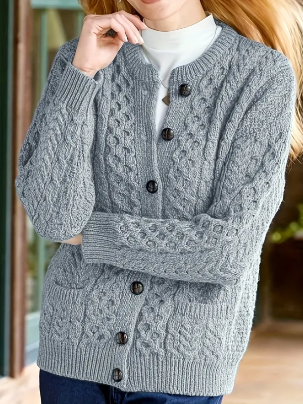 Cozy Chic Cardigan - Soft Knit, Crew Neck, Long Sleeve, Pocket Detail, Casual Women's Sweater for Everyday Wear