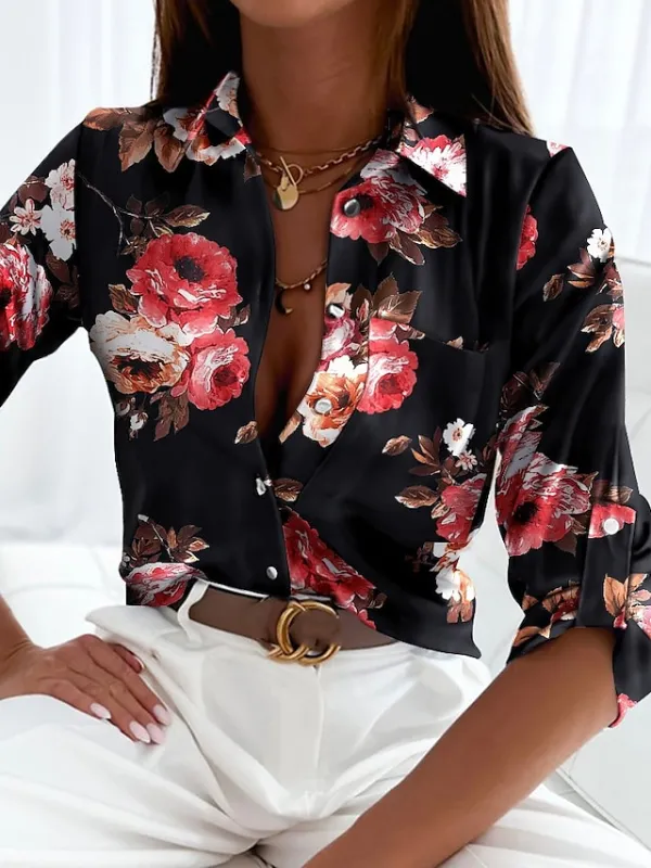 Women's Shirt Boho Shirt Blouse Floral Striped Letter Button Pocket Print Vintage Streetwear Casual Long Sleeve Shirt Collar Black Spring Fall