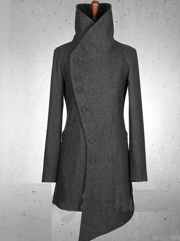 side button woolen fabric Casual Turtleneck Cotton Overcoat