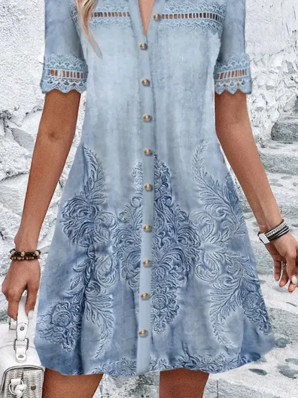 Women Ethnic Shirt Collar Short Sleeve Comfy Casual Lace Short Dress