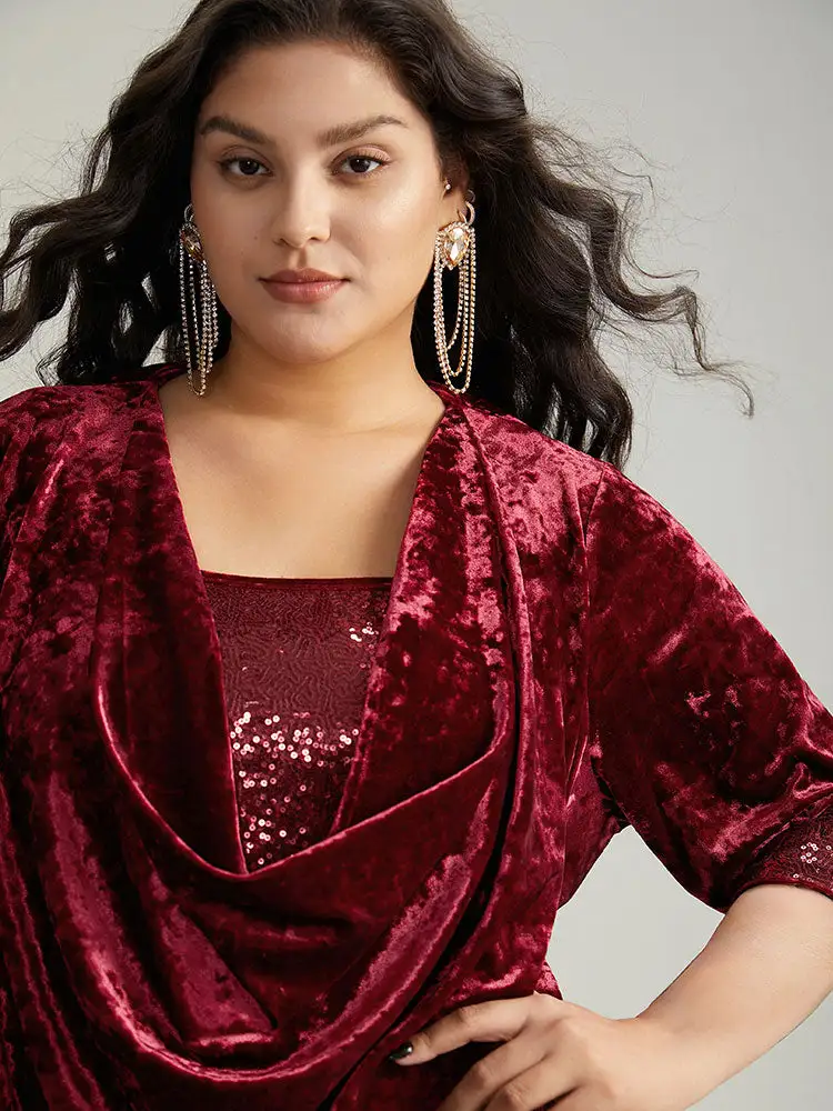 Cowl Neck 2-In-1 Sequin Patchwork Blouse