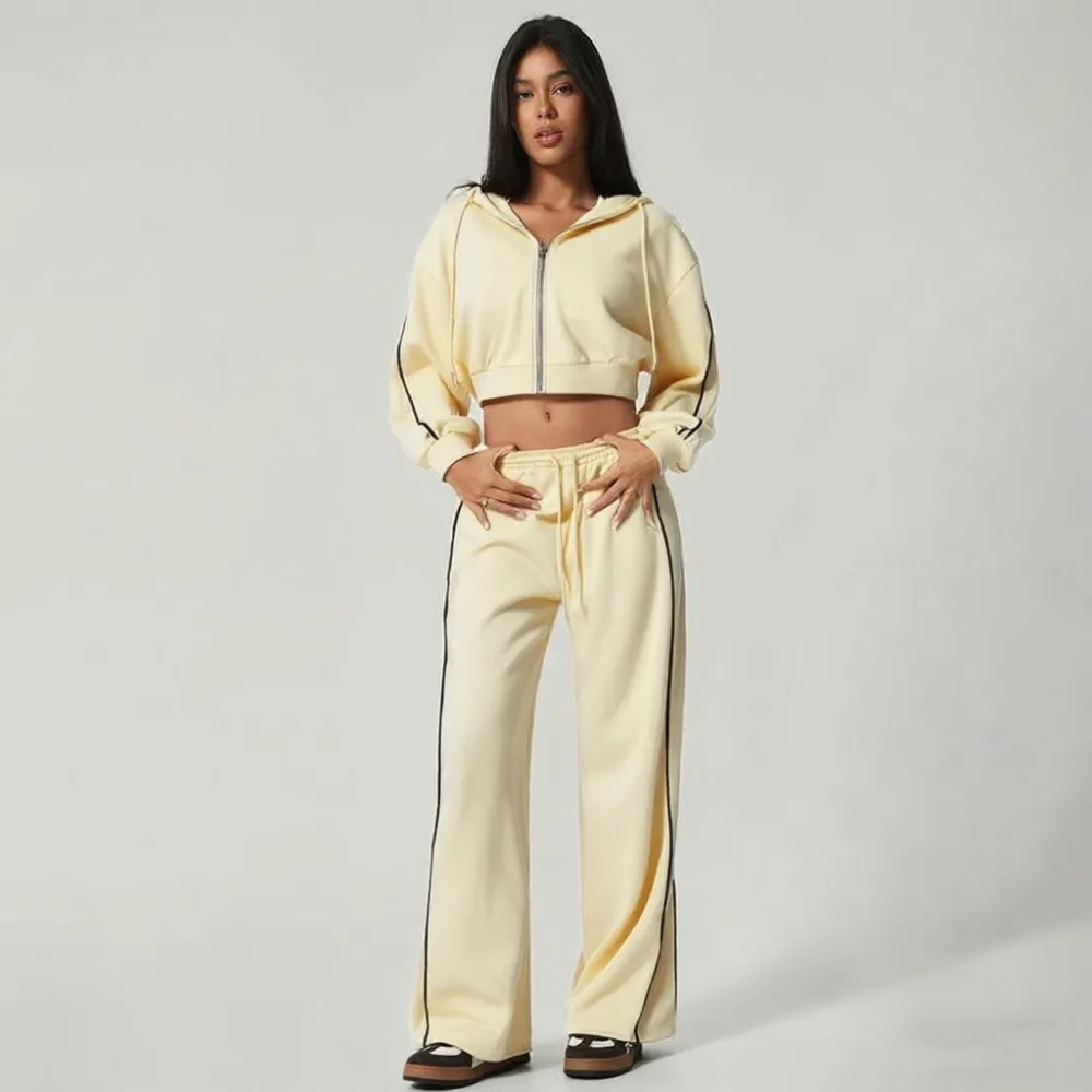 2-Piece Set: Cropped Hoodie & Wide-Leg Pants – Soft, Quick-Dry, with Pockets