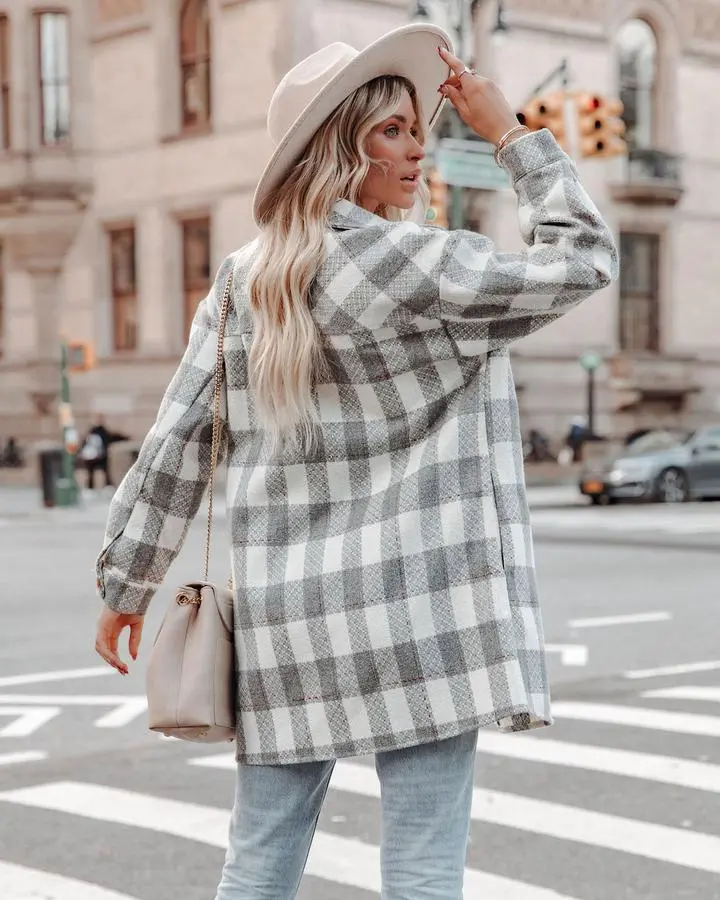 Lapel plaid pocket winter coat