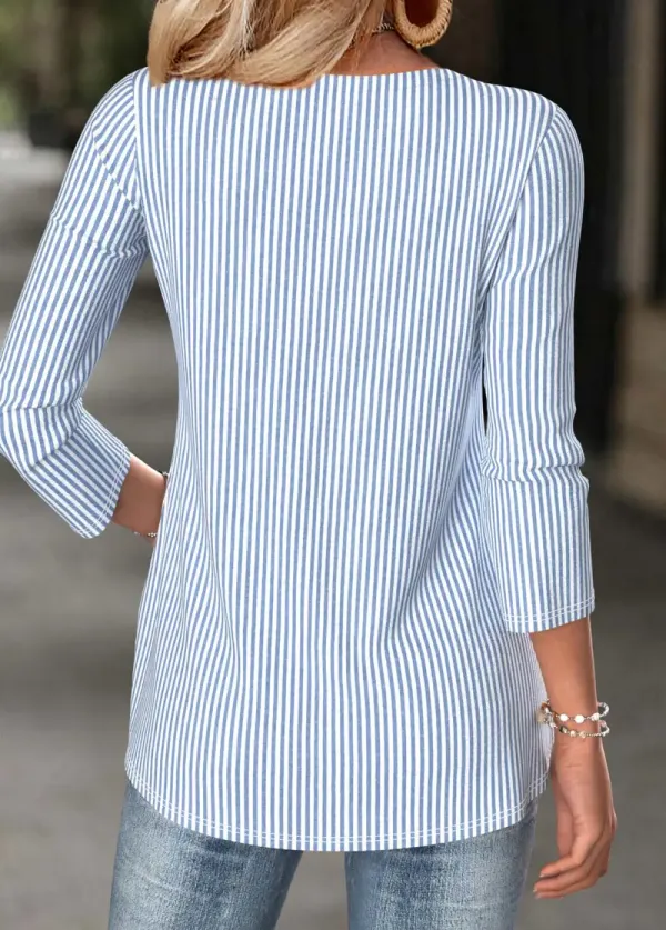 Light Blue Fake 2in1 Striped Long Sleeve T Shirt